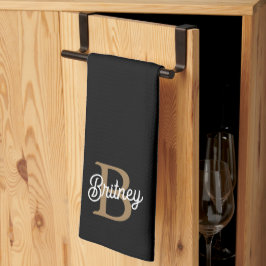 Modernes elegantes Monogramm Name Black Gold Scrip Geschirrtuch