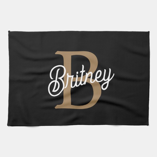 Modernes elegantes Monogramm Name Black Gold Scrip Geschirrtuch (Horizontal)
