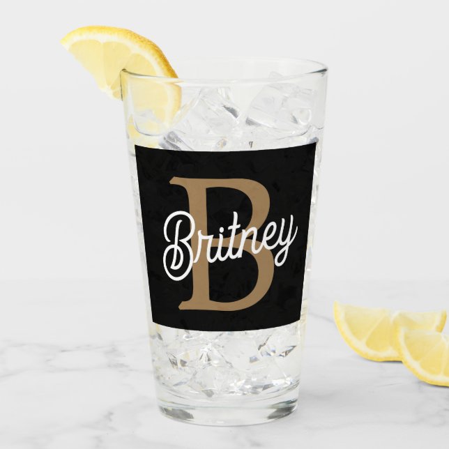 Modernes elegantes Monogramm Name Black Gold Scrip Glas (Vorderseite Ice)