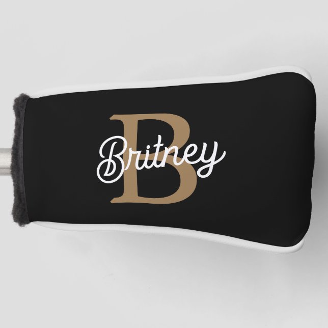 Modernes elegantes Monogramm Name Black Gold Scrip Golf Headcover (Vorderseite)