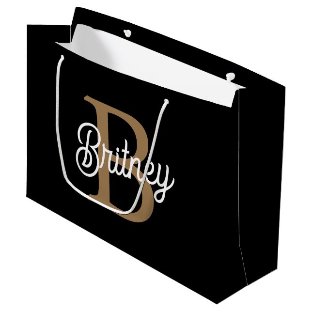 Modernes elegantes Monogramm Name Black Gold Scrip Große Geschenktüte (Vorderseite Schrägansicht)