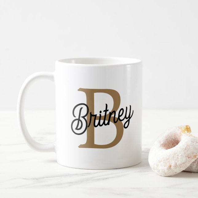 Modernes elegantes Monogramm Name Black Gold Scrip Kaffeetasse (Mit Donut)
