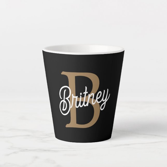 Modernes elegantes Monogramm Name Black Gold Scrip Milchtasse (Vorderseite)