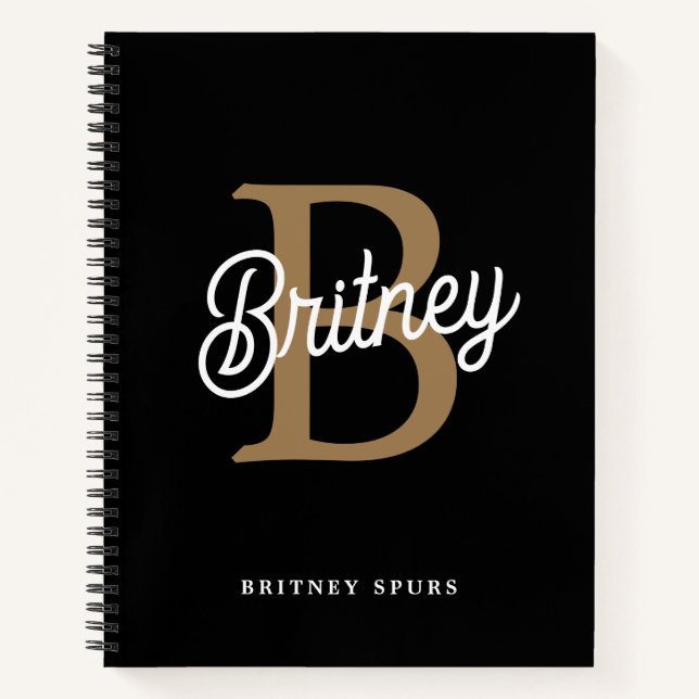Modernes elegantes Monogramm Name Black Gold Scrip Notizbuch (Vorderseite)