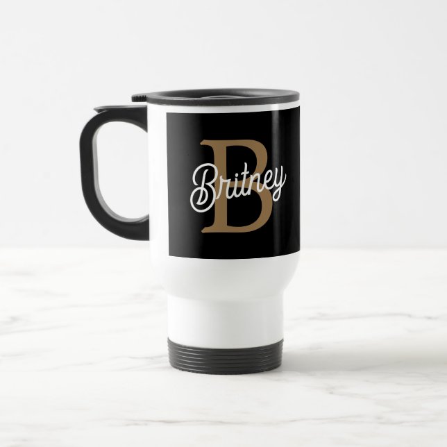 Modernes elegantes Monogramm Name Black Gold Scrip Reisebecher (Links)