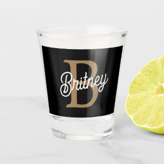 Modernes elegantes Monogramm Name Black Gold Scrip Schnapsglas