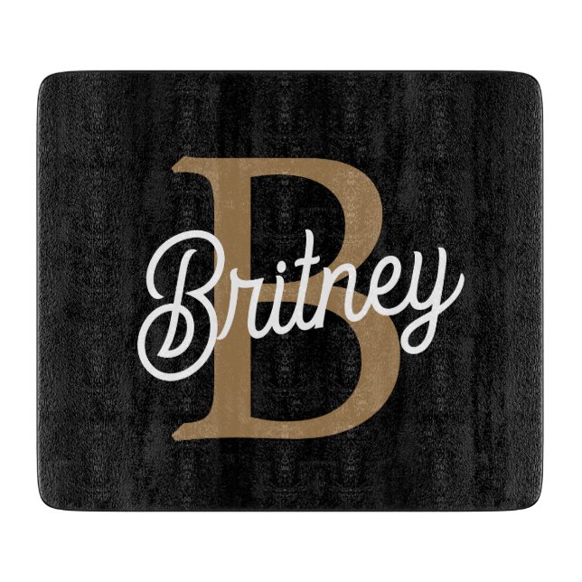 Modernes elegantes Monogramm Name Black Gold Scrip Schneidebrett (Vorderseite)