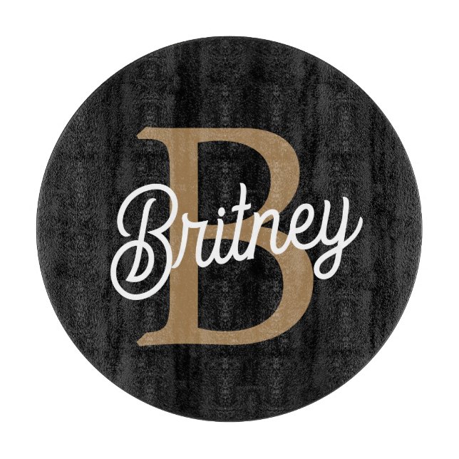 Modernes elegantes Monogramm Name Black Gold Scrip Schneidebrett (Vorderseite)