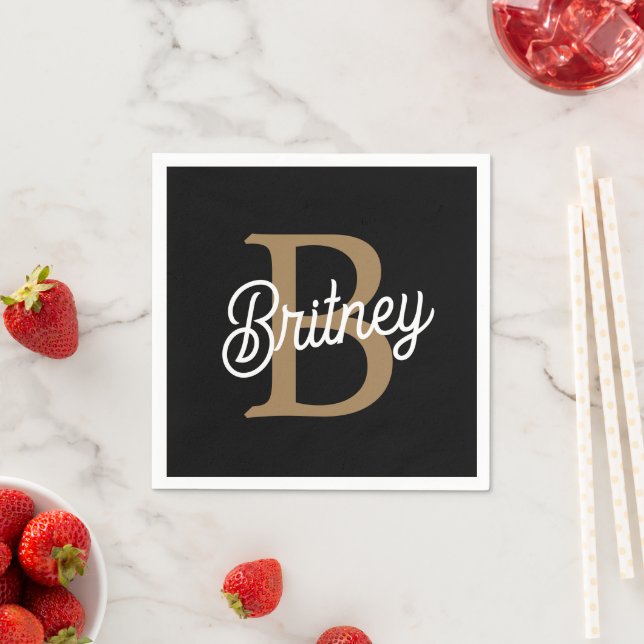 Modernes elegantes Monogramm Name Black Gold Scrip Serviette (Beispiel)