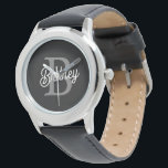 Modernes, elegantes Monogramm Name Schwarz Graue S Armbanduhr<br><div class="desc">Die moderne elegante Monogram Name Black Gray Script Watch verbindet zeitlose Eleganz mit personalisiertem Stil. Dieses anspruchsvolle Uhrwerk verfügt über ein klassisches schwarzes Uhrengesicht mit einem eleganten grauen Skript, das Ihr individuelles Monogramm und Ihren Namen anzeigt. Das Design verbindet eine schlanke und schlichte Ästhetik mit der Praktikabilität einer hochwertigen Uhr....</div>