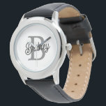 Modernes, elegantes Monogramm Name Schwarz Graue S Armbanduhr<br><div class="desc">Die moderne elegante Monogram Name Black Gray Script Watch verbindet zeitlose Eleganz mit personalisiertem Stil. Dieses anspruchsvolle Uhrwerk verfügt über ein klassisches schwarzes Uhrengesicht mit einem eleganten grauen Skript, das Ihr individuelles Monogramm und Ihren Namen anzeigt. Das Design verbindet eine schlanke und schlichte Ästhetik mit der Praktikabilität einer hochwertigen Uhr....</div>