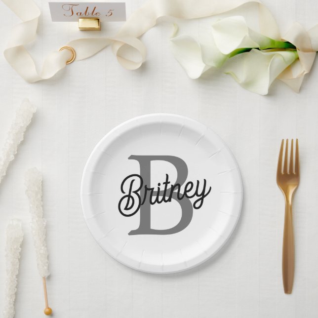 Modernes, elegantes Monogramm Name Schwarz Graue S Pappteller (Hochzeit)