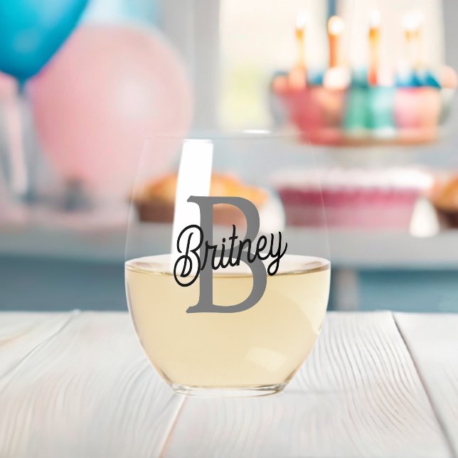 Modernes, elegantes Monogramm Name Schwarz Graue S Weinglas Ohne Stiel (Insitu (Baby Party))