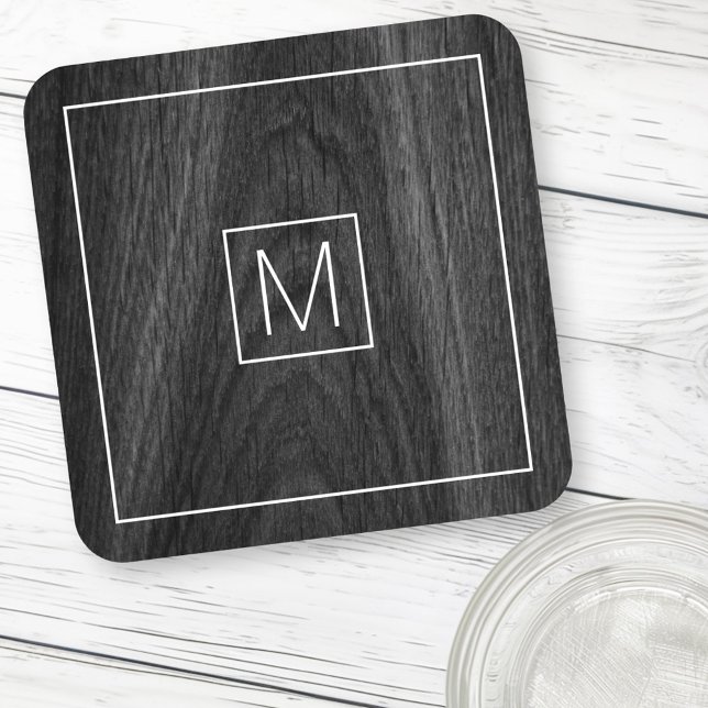 Modernes, elegantes Monogramm-Original aus schwarz Getränkeuntersetzer (Modern elegant monogram initial black wood grain beverage coaster)