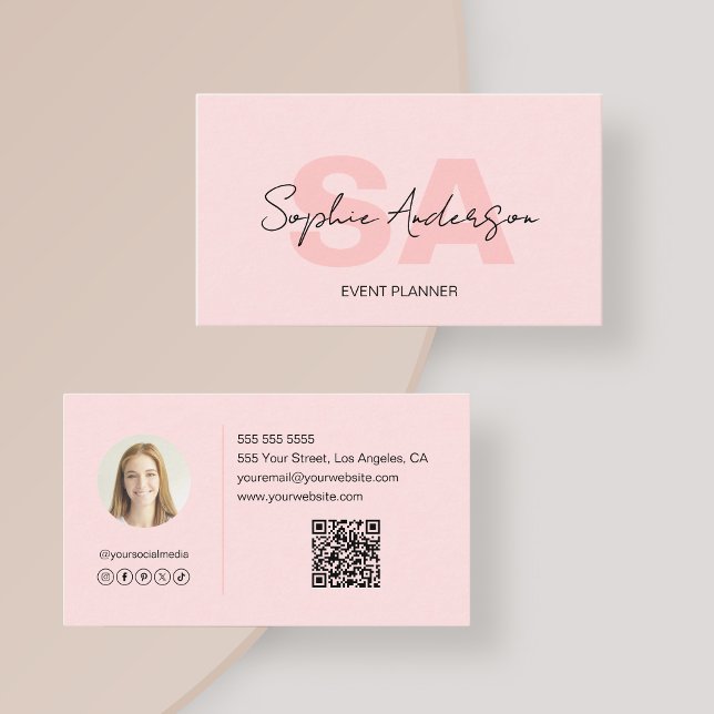 Modernes, elegantes Monogramm Rosa Visitenkarte (Modern Elegant Monogram Blush Pink Business Card)