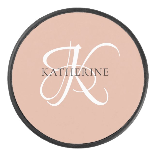 Modernes, elegantes Monogramm-Skript Rosa Eishockey Puck (Vorderseite)
