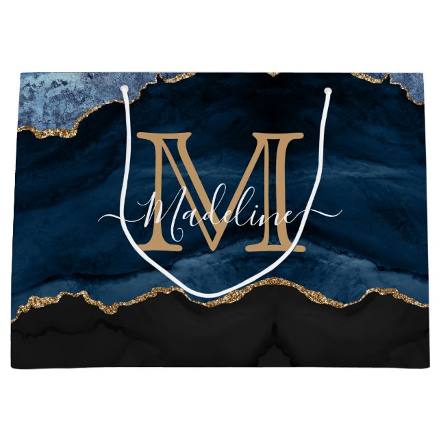 Modernes elegantes Navy Blue Agate Geode Monogramm Große Geschenktüte (Vorderseite)