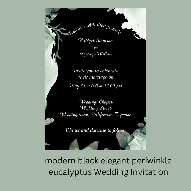 Modernes, elegantes Periwinkle Wedding Einladung (modern black elegant periwinkle eucalyptus Wedding Invitation by wedding Hobinishop)