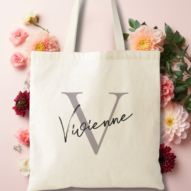 Modernes, elegantes, Personalisiertes Monogramm Tragetasche (Modern Elegant Grey Personalized Monogram Tote Bag)