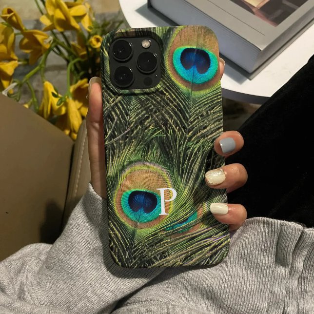 Modernes elegantes Pfauenfederhalter-Monogramm-Geh Case-Mate iPhone Hülle (Von Creator hochgeladen)
