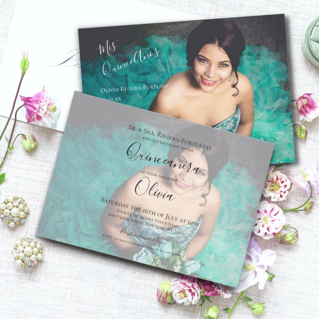 Modernes Elegantes Quinceanera 15. Geburtstag Foto Einladung (Front & Back - Modern Elegant Mis Quince Anos | Quinceanera 15th Birthday Landscape Photo Invitation)