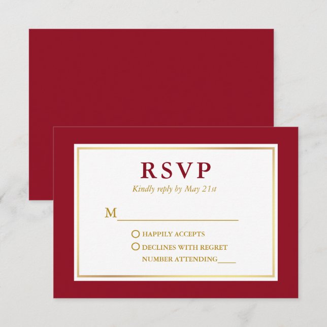 Modernes elegantes Red White Gold RSVP Karte (Vorne/Hinten)