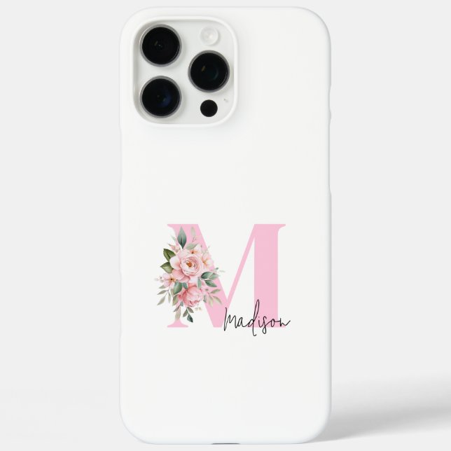 Modernes, elegantes rosa, florales Monogramm Case-Mate iPhone Hülle (Rückseite)