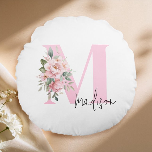 Modernes, elegantes rosa, florales Monogramm Rundes Kissen (Von Creator hochgeladen)