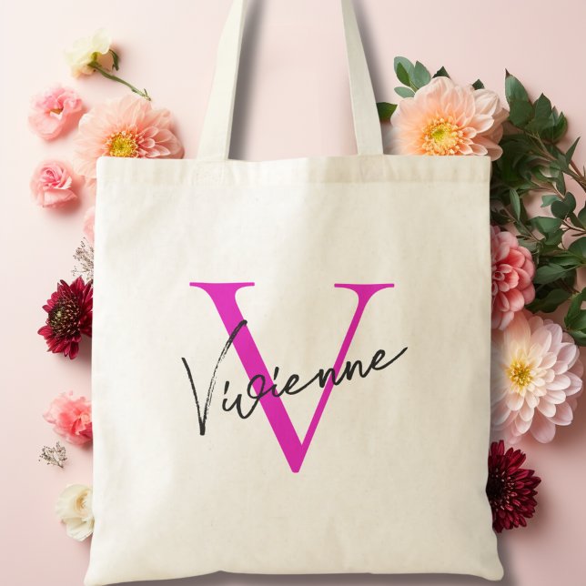 Modernes, elegantes rosa Personalisiertes Monogram Tragetasche (Modern Elegant Pink Personalized Monogram Tote Bag)