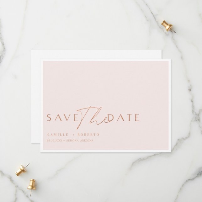Modernes & elegantes Rosa & Rose Blush Gold Script Save The Date (Vorderseite/Rückseite Beispiel)
