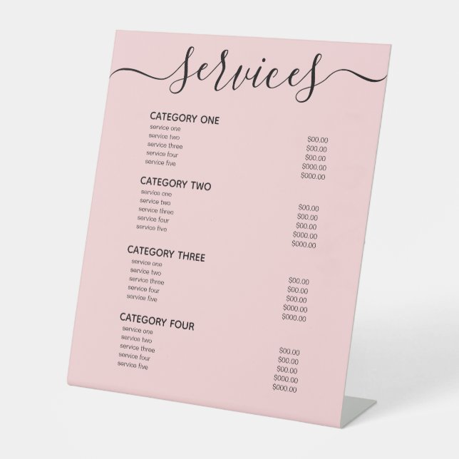 Modernes, elegantes Rosa Service-Menü Sockelschild (Vorderseite)