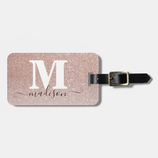 Modernes, elegantes Rose Gold Glitzer Script Monog Gepäckanhänger (Vorderseite horizontal)