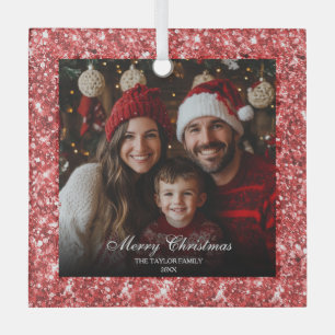 Modernes Elegantes Roter Glitzer Weihnachten Foto Ornament Aus Glas