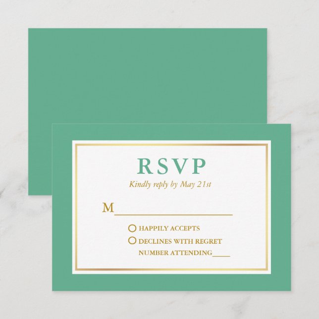 Modernes elegantes, schminkgrün-weißes Gold RSVP Karte (Vorne/Hinten)