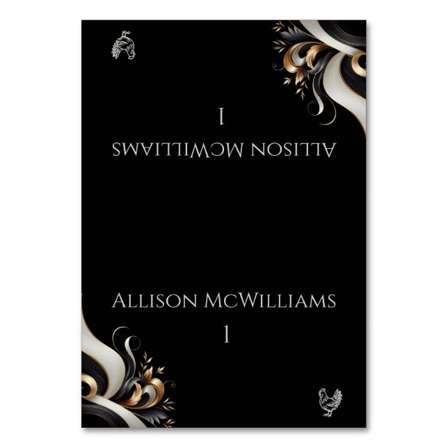 Modernes elegantes Schwarz-Gold Geflügel Tischnummer (Vorderseite)