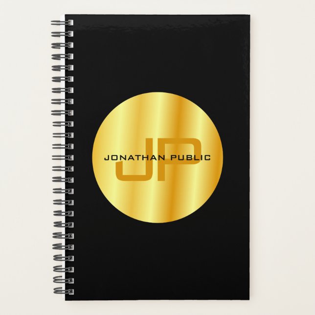 Modernes, elegantes Schwarz-Gold-Template-Monogram Planer (Vorderseite)