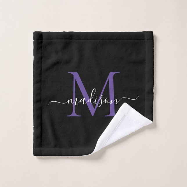 Modernes, elegantes Schwarz-Lila-Violet-Monogramm- Waschlappen (Waschlappen)
