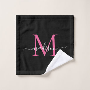 Modernes, elegantes Schwarz-Pink-Monogramm-Skript Waschlappen