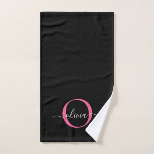 Modernes elegantes Schwarz-Rosa-Monogramm-Skript Badhandtuch Set