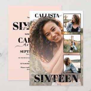 Modernes elegantes Schwarz Rosa Vier Foto Sweet 16 Einladung