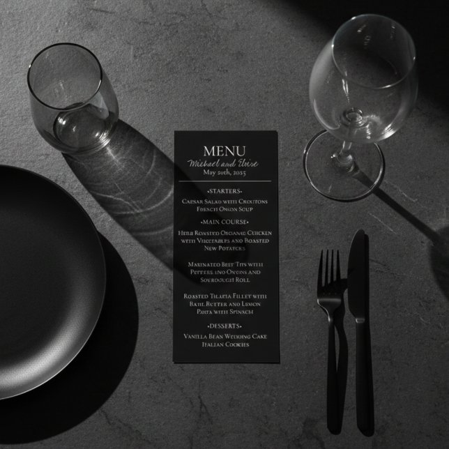 Modernes elegantes Schwarz-Weiß-Hochzeitsessen Menükarte (Modern Black Formal Wedding Menu)