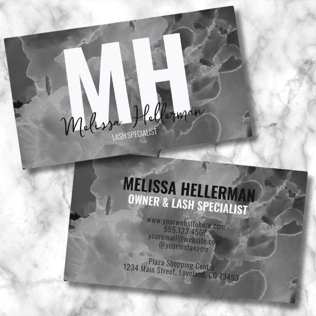 Modernes, elegantes Schwarz-weißes Monogramm Visitenkarte (Chic Elegant Black Whit Marble Watercolor Monogram Business Card )
