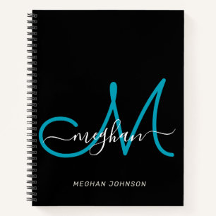 Modernes, elegantes Schwarzes Aquamarines Script M Notizbuch