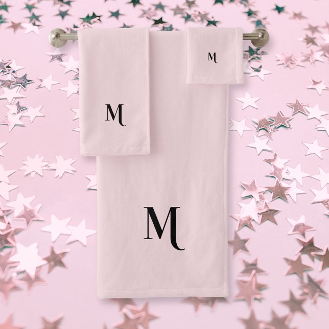 Modernes elegantes Schwarzes Monogramm, Initial Pa Badhandtuch Set (Modern Elegant Black Monogram Initial Pastel Pink Bath Towel Set)