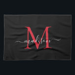 Modernes, elegantes, schwarzes, rotes Monogramm-Sk Geschirrtuch<br><div class="desc">Moderne elegante Black Burgund Maroon Red Monogram Script Name Küchentücher Handtuch</div>