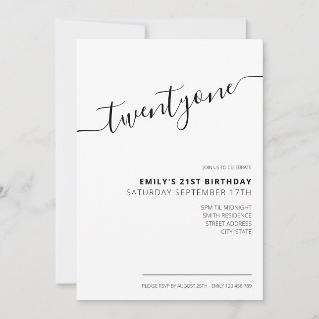 Modernes, elegantes Script 21. Geburtstag Einladung (Vorderseite)