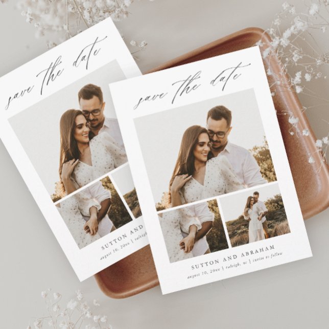 Modernes, elegantes Script 3 Foto Collage Rette di Magneteinladung (Modern Elegant Script 3 Photo Wedding Save the Date Magnetic Card.)