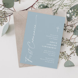 Modernes, elegantes Script Dusty Blue First Commun Einladung