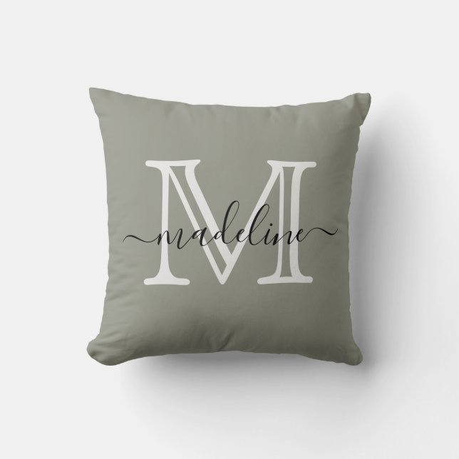 Modernes, elegantes Script Evergreen Fog Monogram Kissen (Vorderseite)