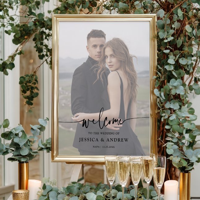 Modernes, elegantes Script-Foto Hochzeit Willkomme Poster (Modern Elegant Script Photo Wedding Welcome Poster)
